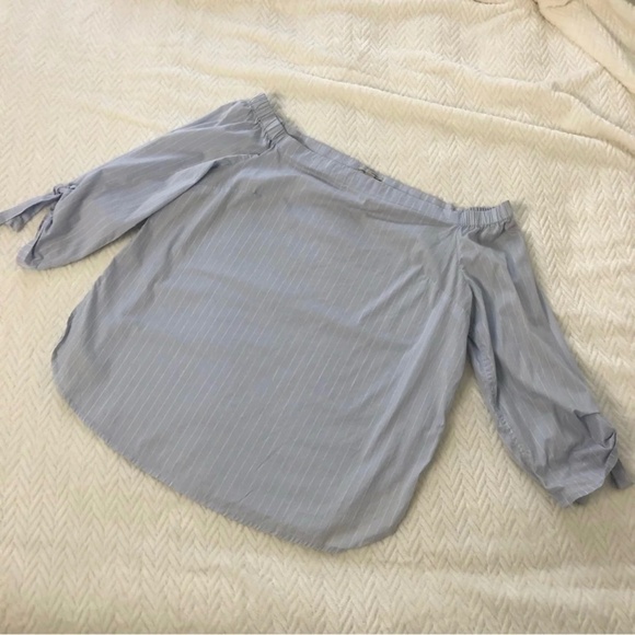 Striped Off The Shoulder Coastal Blouse Women’s Medium Blue White Tie Summer - Picture 1 of 8